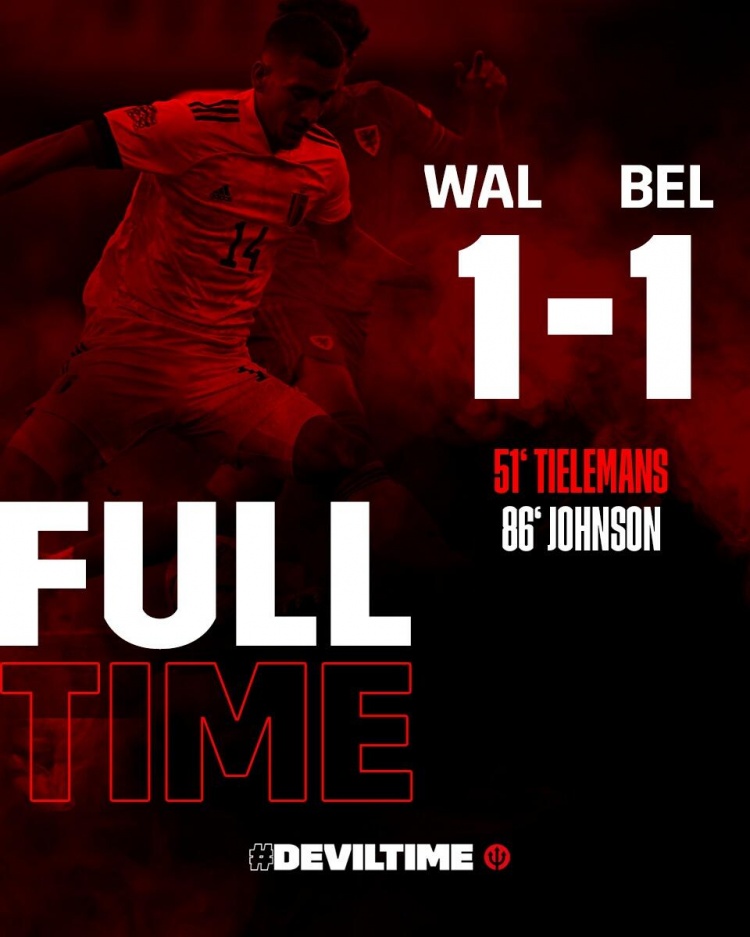 歐國聯賽威爾士1-1戰平比利時，比賽結束前布倫南推射，絕平比利時