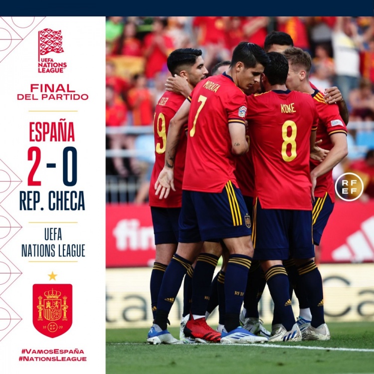 歐國聯賽A2組第四輪比賽結束，西班牙2-0捷克，積分來到小組第一